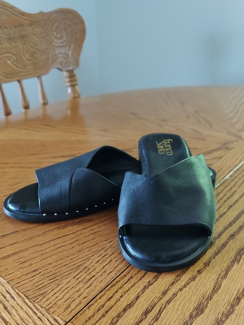 Franco Sarto Black Leather Crisscross Slide Mules